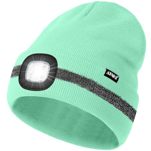 ATNKE LED Mütze mit Licht, Wiederaufladbare USB 4 LED Beleuchtete Laufmütze Extrem Heller Lampe Winter Warme Stricken Mütze mit Reflektierendem Streifen für Herren und Damen Geschenke/Fruit Green von ATNKE