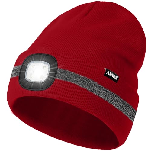 ATNKE LED Mütze mit Licht, Wiederaufladbare USB 4 LED Beleuchtete Laufmütze Extrem Heller Lampe Winter Warme Stricken Mütze mit Reflektierendem Streifen für Herren und Damen Geschenke/Red von ATNKE