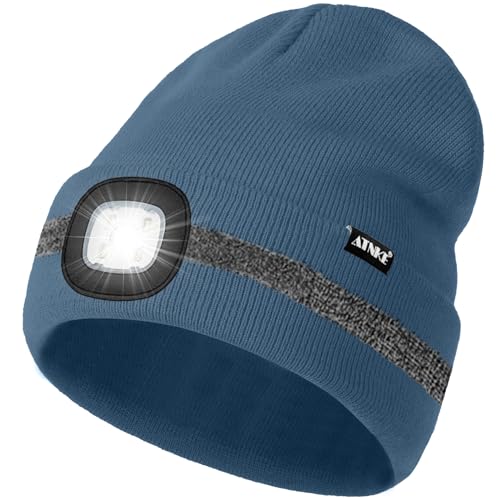 ATNKE LED Mütze mit Licht, Wiederaufladbare USB 4 LED Beleuchtete Laufmütze Extrem Heller Lampe Winter Warme Stricken Mütze mit Reflektierendem Streifen für Herren und Damen Geschenke/Shadow Blue von ATNKE