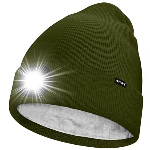 ATNKE LED Mütze mit Licht,Wiederaufladbare USB 4 LED Beleuchtete Laufmütze Extrem Heller Lampe Winter Warme Gefüttertes Fleece Stricken Mütze für Herren und Damen Geschenke/Army Green von ATNKE