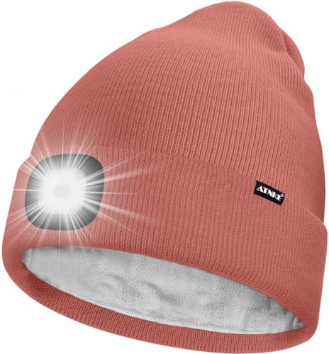 ATNKE LED Mütze mit Licht,Wiederaufladbare USB 4 LED Beleuchtete Laufmütze Extrem Heller Lampe Winter Warme Gefüttertes Fleece Stricken Mütze für Herren und Damen Geschenke/Bean Paste Powder von ATNKE