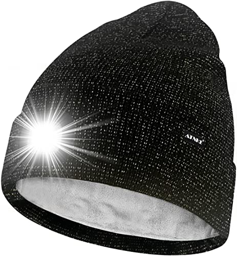 ATNKE LED Mütze mit Licht,Wiederaufladbare USB 4 LED Beleuchtete Laufmütze Extrem Heller Lampe Winter Warme Gefüttertes Fleece Stricken Mütze für Herren und Damen Geschenke/Black Goldwire von ATNKE