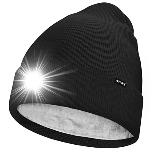 ATNKE LED Mütze mit Licht,Wiederaufladbare USB 4 LED Beleuchtete Laufmütze Extrem Heller Lampe Winter Warme Gefüttertes Fleece Stricken Mütze für Herren und Damen Geschenke/Black von ATNKE