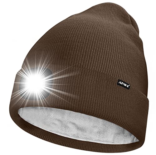 ATNKE LED Mütze mit Licht,Wiederaufladbare USB 4 LED Beleuchtete Laufmütze Extrem Heller Lampe Winter Warme Gefüttertes Fleece Stricken Mütze für Herren und Damen Geschenke/Coffee von ATNKE