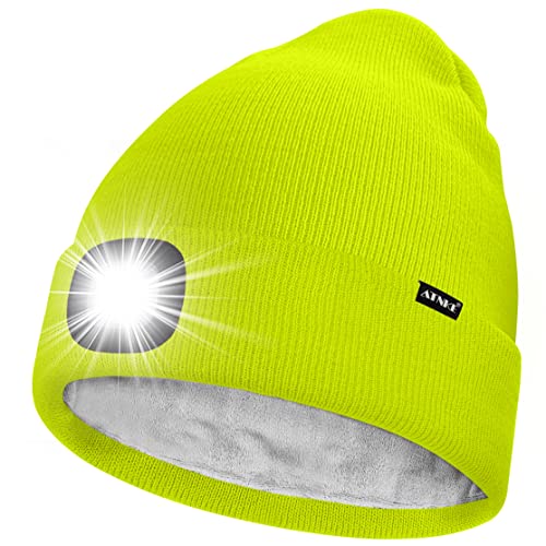 ATNKE LED Mütze mit Licht,Wiederaufladbare USB 4 LED Beleuchtete Laufmütze Extrem Heller Lampe Winter Warme Gefüttertes Fleece Stricken Mütze für Herren und Damen Geschenke/Fluorescent Yellow von ATNKE