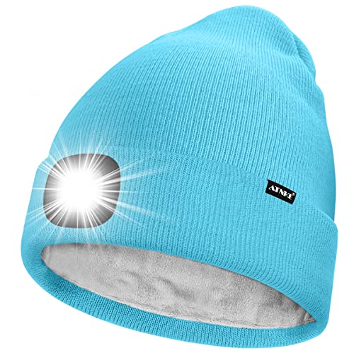 ATNKE LED Mütze mit Licht,Wiederaufladbare USB 4 LED Beleuchtete Laufmütze Extrem Heller Lampe Winter Warme Gefüttertes Fleece Stricken Mütze für Herren und Damen Geschenke/Light Blue von ATNKE