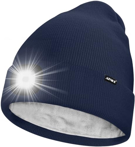 ATNKE LED Mütze mit Licht,Wiederaufladbare USB 4 LED Beleuchtete Laufmütze Extrem Heller Lampe Winter Warme Gefüttertes Fleece Stricken Mütze für Herren und Damen Geschenke/Light Navy Blue von ATNKE