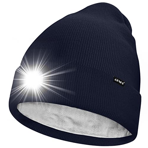 ATNKE LED Mütze mit Licht,Wiederaufladbare USB 4 LED Beleuchtete Laufmütze Extrem Heller Lampe Winter Warme Gefüttertes Fleece Stricken Mütze für Herren und Damen Geschenke/Navy Blue von ATNKE