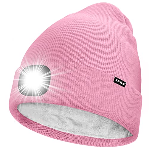 ATNKE LED Mütze mit Licht,Wiederaufladbare USB 4 LED Beleuchtete Laufmütze Extrem Heller Lampe Winter Warme Gefüttertes Fleece Stricken Mütze für Herren und Damen Geschenke/Pink von ATNKE