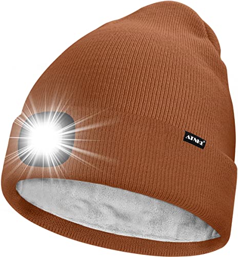 ATNKE LED Mütze mit Licht,Wiederaufladbare USB 4 LED Beleuchtete Laufmütze Extrem Heller Lampe Winter Warme Gefüttertes Fleece Stricken Mütze für Herren und Damen Geschenke/Red Brown von ATNKE