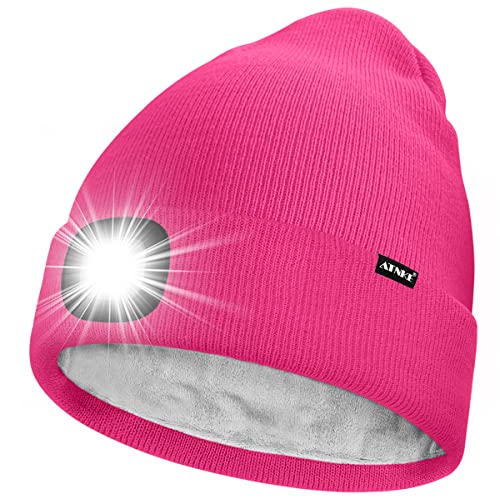 ATNKE LED Mütze mit Licht,Wiederaufladbare USB 4 LED Beleuchtete Laufmütze Extrem Heller Lampe Winter Warme Gefüttertes Fleece Stricken Mütze für Herren und Damen Geschenke/Rose Red von ATNKE