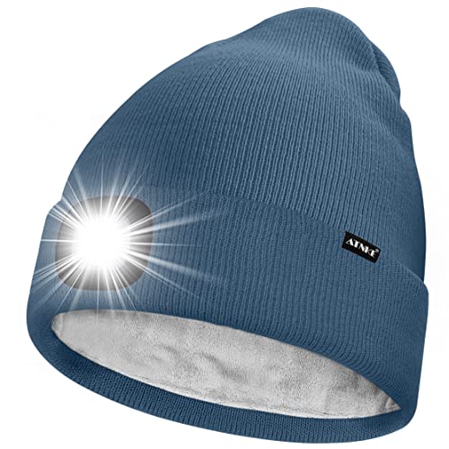 ATNKE LED Mütze mit Licht,Wiederaufladbare USB 4 LED Beleuchtete Laufmütze Extrem Heller Lampe Winter Warme Gefüttertes Fleece Stricken Mütze für Herren und Damen Geschenke/Shadow Blue von ATNKE