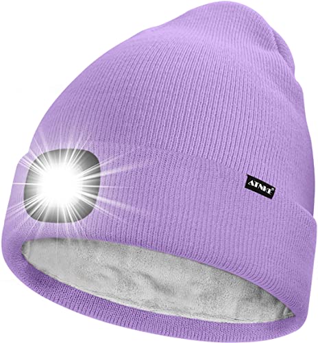 ATNKE LED Mütze mit Licht,Wiederaufladbare USB 4 LED Beleuchtete Laufmütze Extrem Heller Lampe Winter Warme Gefüttertes Fleece Stricken Mütze für Herren und Damen Geschenke/Taro Purple von ATNKE