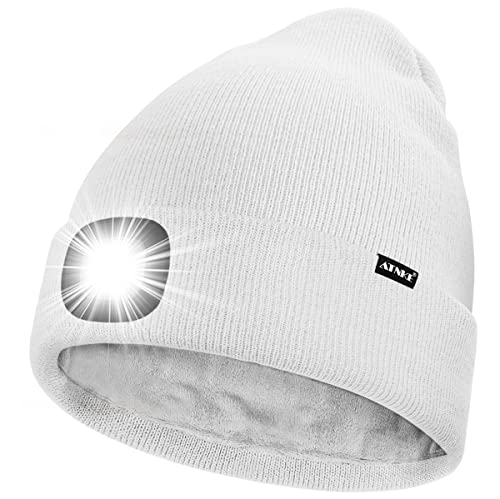 ATNKE LED Mütze mit Licht,Wiederaufladbare USB 4 LED Beleuchtete Laufmütze Extrem Heller Lampe Winter Warme Gefüttertes Fleece Stricken Mütze für Herren und Damen Geschenke/White von ATNKE