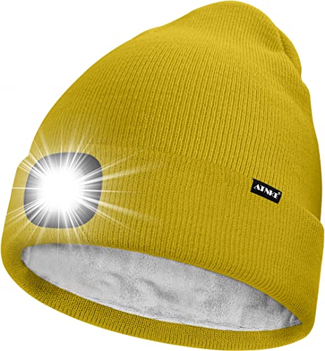 ATNKE LED Mütze mit Licht,Wiederaufladbare USB 4 LED Beleuchtete Laufmütze Extrem Heller Lampe Winter Warme Gefüttertes Fleece Stricken Mütze für Herren und Damen Geschenke/Yellow von ATNKE