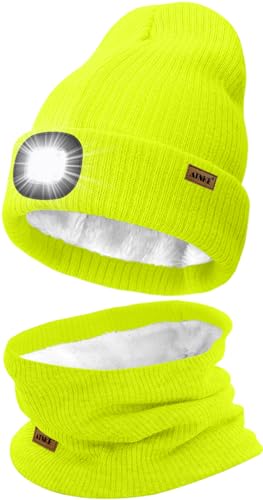 ATNKE LED Mütze mit Licht und Schal Set, Wiederaufladbare USB 4 LED Beleuchtete Laufmütze Winter Warme Gefütterte Fleece Halsschlauch und Stricken Mütze für Herren und Damen Geschenke/FluoresceYellow von ATNKE