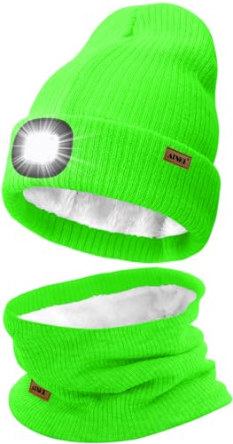 ATNKE LED Mütze mit Licht und Schal Set, Wiederaufladbare USB 4 LED Beleuchtete Laufmütze Winter Warme Gefütterte Fleece Halsschlauch und Stricken Mütze für Herren und Damen Geschenke/FluoresceGreen von ATNKE