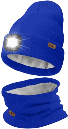 ATNKE LED Mütze mit Licht und Schal Set, Wiederaufladbare USB 4 LED Beleuchtete Laufmütze Winter Warme Gefütterte Fleece Halsschlauch und Stricken Mütze für Herren und Damen Geschenke/Blue von ATNKE