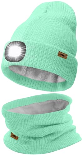ATNKE LED Mütze mit Licht und Schal Set, Wiederaufladbare USB 4 LED Beleuchtete Laufmütze Winter Warme Gefütterte Fleece Halsschlauch und Stricken Mütze für Herren und Damen Geschenke/Fruit Green von ATNKE