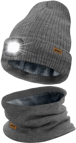 ATNKE LED Mütze mit Licht und Schal Set, Wiederaufladbare USB 4 LED Beleuchtete Laufmütze Winter Warme Gefütterte Fleece Halsschlauch und Stricken Mütze für Herren und Damen Geschenke/Grey von ATNKE