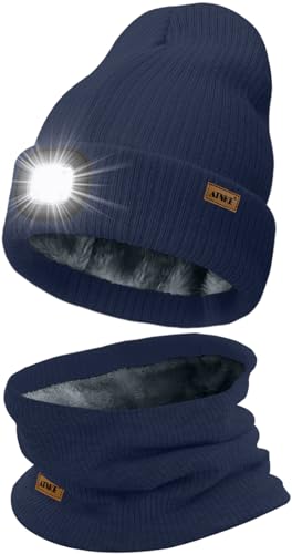 ATNKE LED Mütze mit Licht und Schal Set, Wiederaufladbare USB 4 LED Beleuchtete Laufmütze Winter Warme Gefütterte Fleece Halsschlauch und Stricken Mütze für Herren und Damen Geschenke/Light Navy Blue von ATNKE