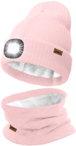 ATNKE LED Mütze mit Licht und Schal Set, Wiederaufladbare USB 4 LED Beleuchtete Laufmütze Winter Warme Gefütterte Fleece Halsschlauch und Stricken Mütze für Herren und Damen Geschenke/Light Pink von ATNKE