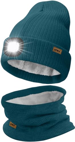 ATNKE LED Mütze mit Licht und Schal Set, Wiederaufladbare USB 4 LED Beleuchtete Laufmütze Winter Warme Gefütterte Fleece Halsschlauch und Stricken Mütze für Herren und Damen Geschenke/Olive Green von ATNKE