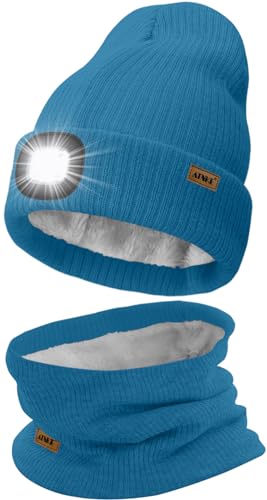 ATNKE LED Mütze mit Licht und Schal Set, Wiederaufladbare USB 4 LED Beleuchtete Laufmütze Winter Warme Gefütterte Fleece Halsschlauch und Stricken Mütze für Herren und Damen Geschenke/Peacock Blue von ATNKE