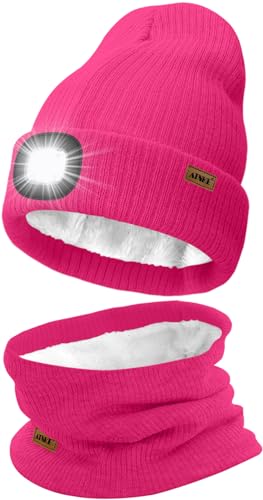 ATNKE LED Mütze mit Licht und Schal Set, Wiederaufladbare USB 4 LED Beleuchtete Laufmütze Winter Warme Gefütterte Fleece Halsschlauch und Stricken Mütze für Herren und Damen Geschenke/Rose Red von ATNKE