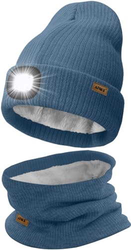 ATNKE LED Mütze mit Licht und Schal Set, Wiederaufladbare USB 4 LED Beleuchtete Laufmütze Winter Warme Gefütterte Fleece Halsschlauch und Stricken Mütze für Herren und Damen Geschenke/Shadow Blue von ATNKE