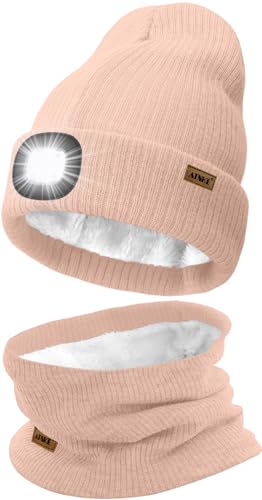 ATNKE LED Mütze mit Licht und Schal Set, Wiederaufladbare USB 4 LED Beleuchtete Laufmütze Winter Warme Gefütterte Fleece Halsschlauch und Stricken Mütze für Herren und Damen Geschenke/Skin Pink von ATNKE