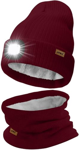 ATNKE LED Mütze mit Licht und Schal Set, Wiederaufladbare USB 4 LED Beleuchtete Laufmütze Winter Warme Gefütterte Fleece Halsschlauch und Stricken Mütze für Herren und Damen Geschenke/Wine Red von ATNKE