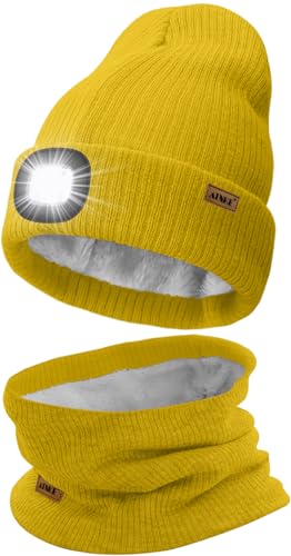 ATNKE LED Mütze mit Licht und Schal Set, Wiederaufladbare USB 4 LED Beleuchtete Laufmütze Winter Warme Gefütterte Fleece Halsschlauch und Stricken Mütze für Herren und Damen Geschenke/Yellow von ATNKE