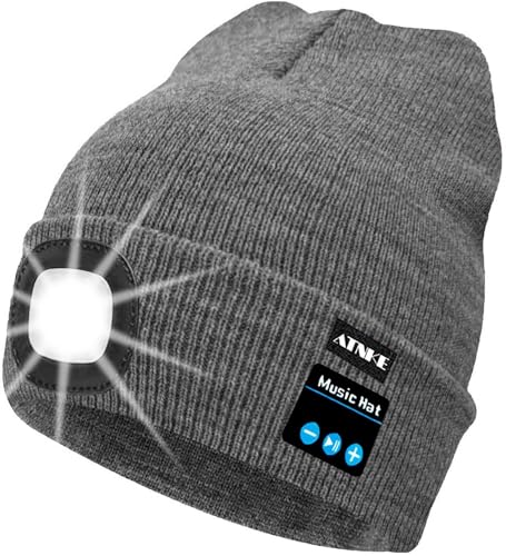 ATNKE LED beleuchtete Bluetooth-Beanie-Kappe, wiederaufladbare USB-Musikalische Laufm¨¹TZE mit extrem hellem 4-LED-Licht wasserdichte Lampe f¨¹r das Skifahren Wandern Camping Radfahren/Grau von ATNKE