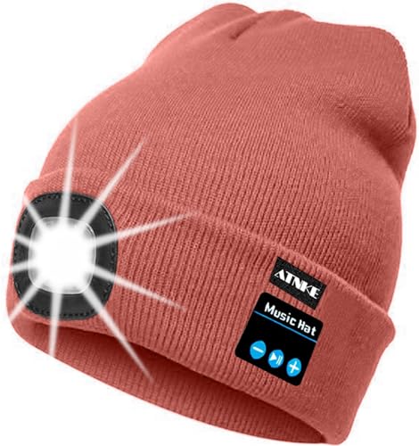 ATNKE LED beleuchtete Bluetooth Beanie Kappe, wiederaufladbare USB-Musikalische Laufmütze mit extrem hellem 4 LED Licht wasserdichte Lampe für das Skifahren/Bean Paste Powder von ATNKE