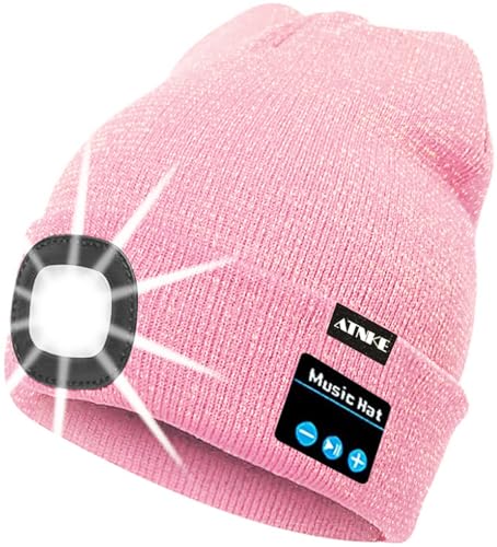 ATNKE LED beleuchtete Bluetooth Beanie Kappe, wiederaufladbare USB-Musikalische Laufmütze mit extrem hellem 4 LED Licht wasserdichte Lampe für das Skifahren/Blended Pink Goldwire von ATNKE