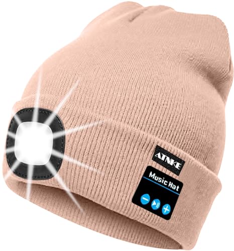 ATNKE LED beleuchtete Bluetooth Beanie Kappe, wiederaufladbare USB-Musikalische Laufmütze mit extrem hellem 4 LED Licht wasserdichte Lampe für das Skifahren/Skin Pink von ATNKE