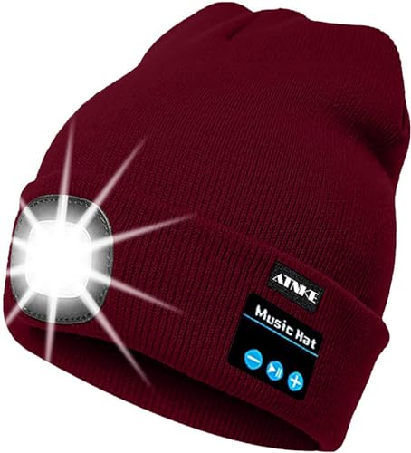 ATNKE LED beleuchtete Bluetooth Beanie Kappe, wiederaufladbare USB-Musikalische Laufmütze mit extrem hellem 4 LED Licht wasserdichte Lampe für das Skifahren/Wine Red von ATNKE