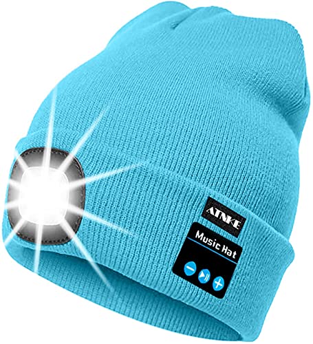 ATNKE LED beleuchtete Bluetooth Beanie Kappe, wiederaufladbare USB-Musikalische Laufmütze mit extrem hellem 4 LED Licht wasserdichte Lampe für das Skifahren (Einheitsgröße, Hell Blau) von ATNKE