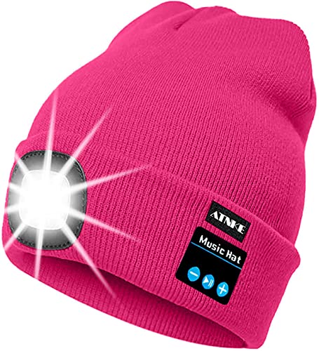 ATNKE LED beleuchtete Bluetooth Beanie Kappe, wiederaufladbare USB-Musikalische Laufmütze mit extrem hellem 4 LED Licht wasserdichte Lampe für das Skifahren (Einheitsgröße, Rose Rot) von ATNKE