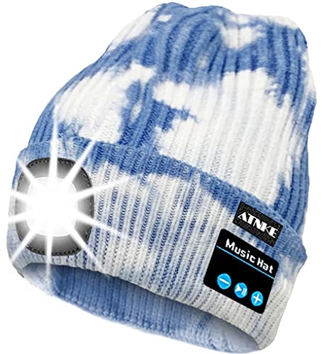 ATNKE LED beleuchtete Bluetooth Beanie Kappe, wiederaufladbare USB-Musikalische Laufmütze mit extrem hellem 4 LED Licht wasserdichte Lampe für das Skifahren (Einheitsgröße, Tie Dye Blau) von ATNKE