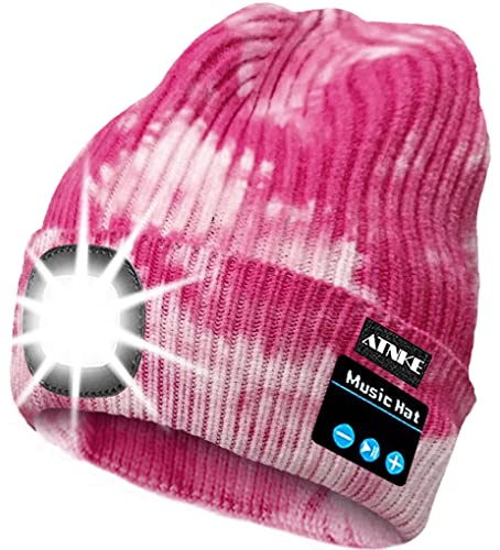 ATNKE LED beleuchtete Bluetooth Beanie Kappe, wiederaufladbare USB-Musikalische Laufmütze mit extrem hellem 4 LED Licht wasserdichte Lampe für das Skifahren (Einheitsgröße, Tie Dye Rosa) von ATNKE