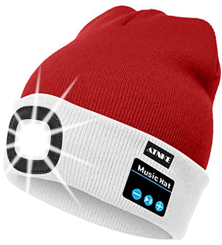 ATNKE LED beleuchtete Bluetooth Beanie Kappe, wiederaufladbare USB-Musikalische Laufmütze mit extrem hellem 4 LED Licht wasserdichte Lampe für das Skifahren (Einheitsgröße, Weiß/Rot Weihnachten) von ATNKE