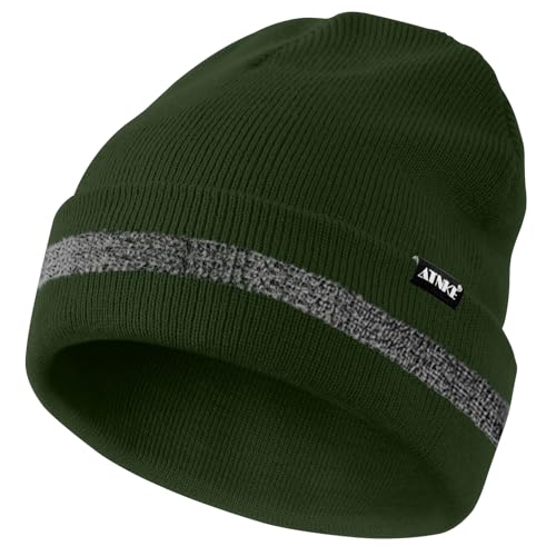 ATNKE Reflektierende Mützen Sicherheits-Thermo-Strickmütze mit hoher Sichtbarkeit für den Winter mit reflektierendem Streifen Geeigneter Outdoor-Arbeitssport Dark Army Green von ATNKE