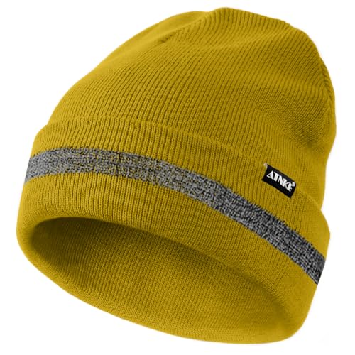 ATNKE Reflektierende Mützen Sicherheits-Thermo-Strickmütze mit hoher Sichtbarkeit für den Winter mit reflektierendem Streifen Geeigneter Outdoor-Arbeitssport Earthy Yellow von ATNKE
