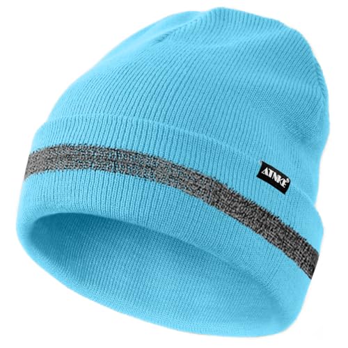 ATNKE Reflektierende Mützen Sicherheits-Thermo-Strickmütze mit hoher Sichtbarkeit für den Winter mit reflektierendem Streifen Geeigneter Outdoor-Arbeitssport Light Blue von ATNKE