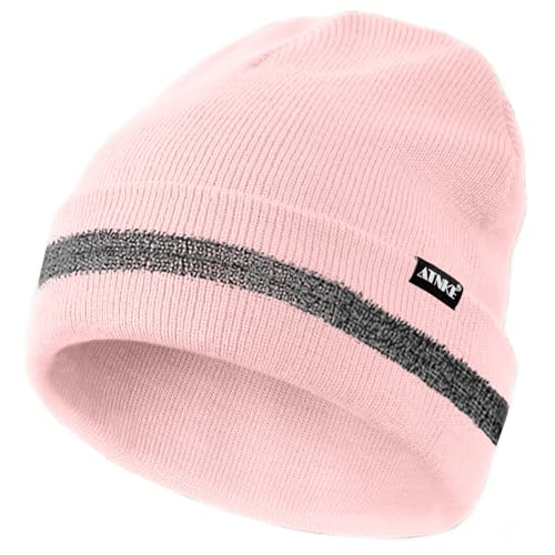 ATNKE Reflektierende Mützen Sicherheits-Thermo-Strickmütze mit hoher Sichtbarkeit für den Winter mit reflektierendem Streifen Geeigneter Outdoor-Arbeitssport Light Pink von ATNKE