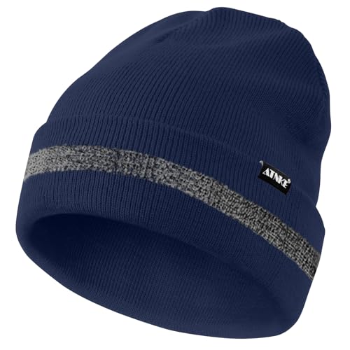ATNKE Reflektierende Mützen Sicherheits-Thermo-Strickmütze mit hoher Sichtbarkeit für den Winter mit reflektierendem Streifen Geeigneter Outdoor-Arbeitssport Navy Blue von ATNKE