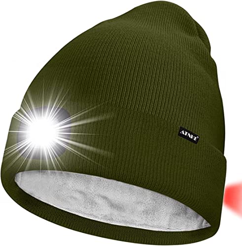 ATNKE Unisex 8 LED Mütze mit Licht,Wiederaufladbare USB Rot Blinkendes Alarm Rücklicht Laufmütze Lampe Winter Warme Gefüttertes Fleece Stricken Mütze für Herren und Damen Geschenke/Army Green von ATNKE