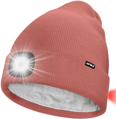 ATNKE Unisex 8 LED Mütze mit Licht,Wiederaufladbare USB Rot Blinkendes Alarm Rücklicht Laufmütze Lampe Winter Warme Gefüttertes Fleece Stricken Mütze für Herren und Damen Geschenke/Bean Paste Powder von ATNKE